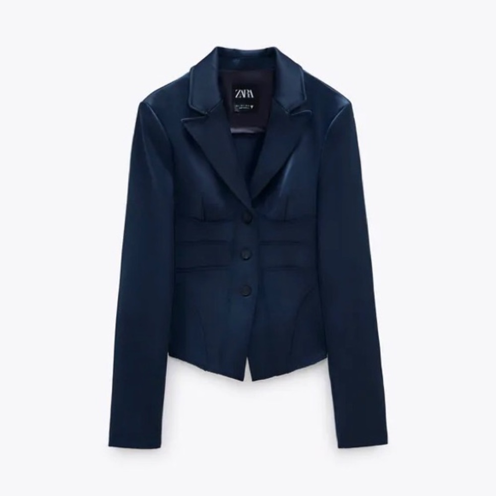 NWT ZARA LIMITED EDITION Navy Blue Satin Blazer - Picture 2 of 4
